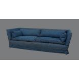 A two seater sofa, late 20th century, the blue upholstery with red and grey piping, 66cm high, 216cm