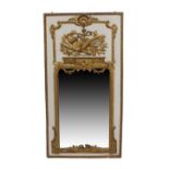 A Louis XVI style white painted and giltwood Trumeau mirror, early 20th century, top panel carved