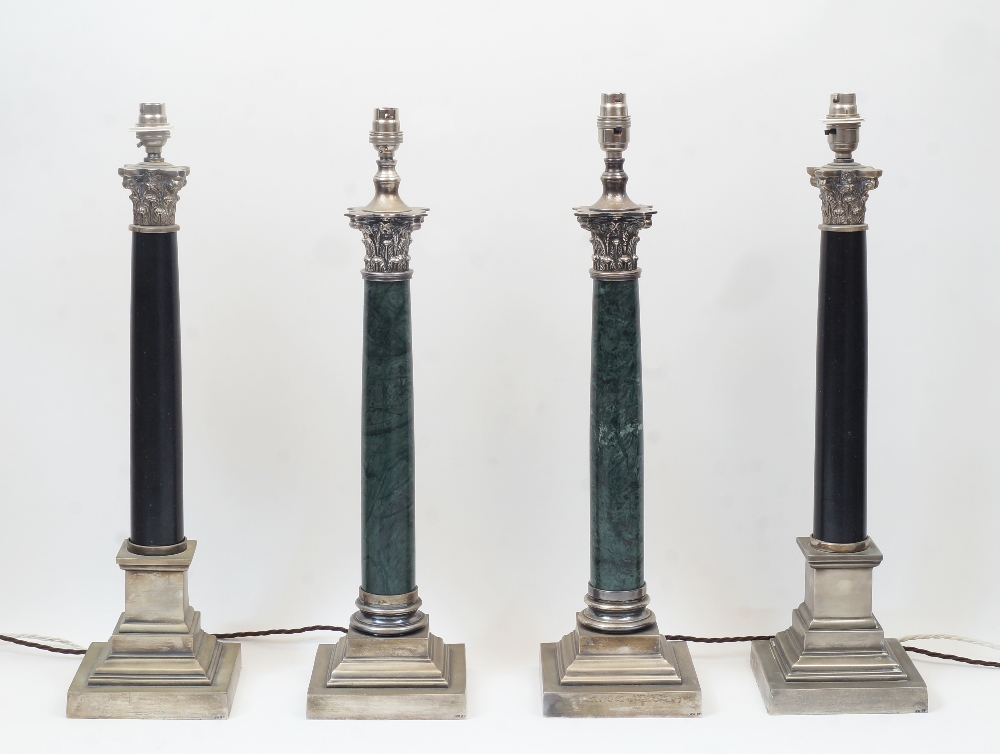 Two pairs of Corinthian column table lamps, American, of recent manufacture, one pair with black