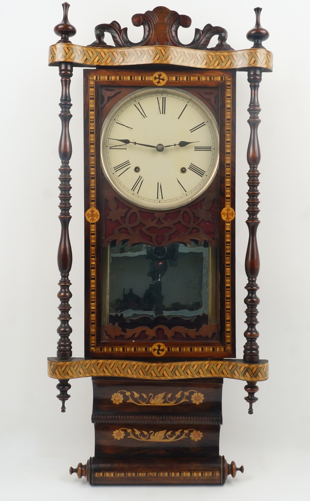 An inlaid rosewood wall clock, early 20th century, the case with floral inlaid decoration and twin