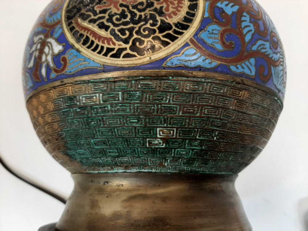 A Chinese cloisonne twin handled lamp base, 20th century, the exterior with panels of foliate motifs - Image 4 of 4