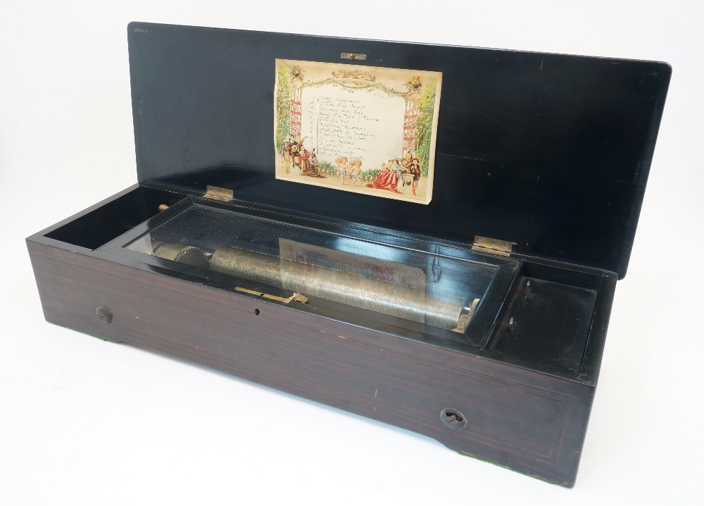 An Austrian ebonised and marquetry cylinder music box, late 19th/early 20th century, the rectangular