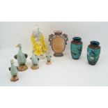 A mixed group of modern Chinese and Japanese ceramics, to include: four Chinese porcelain celadon