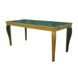 A walnut dining table, late 20th century, with green glass top, raised on cabriole legs inset with
