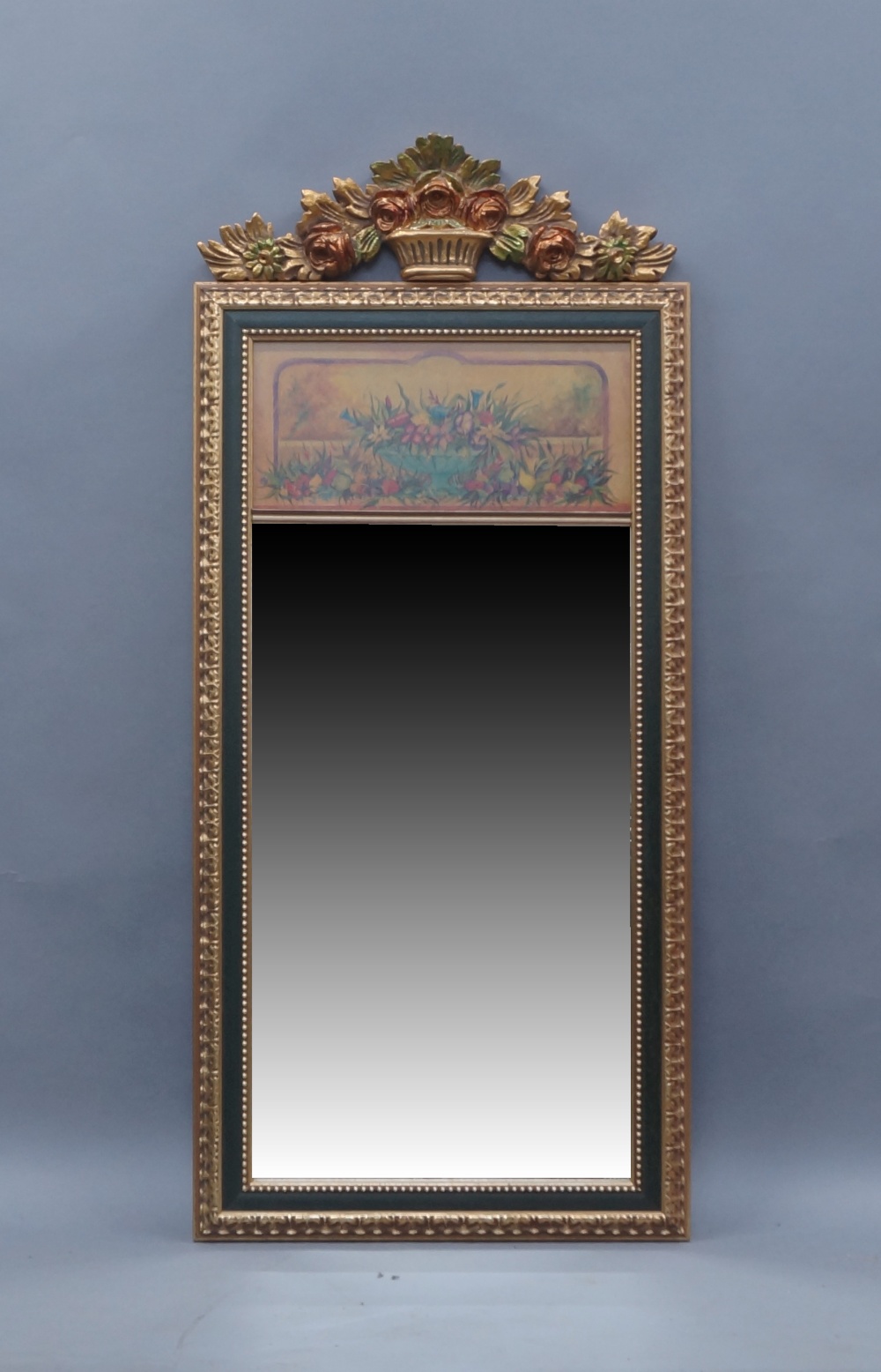 An 18th century style gilt chimney mirror, early 21st century, moulded floral crest above printed