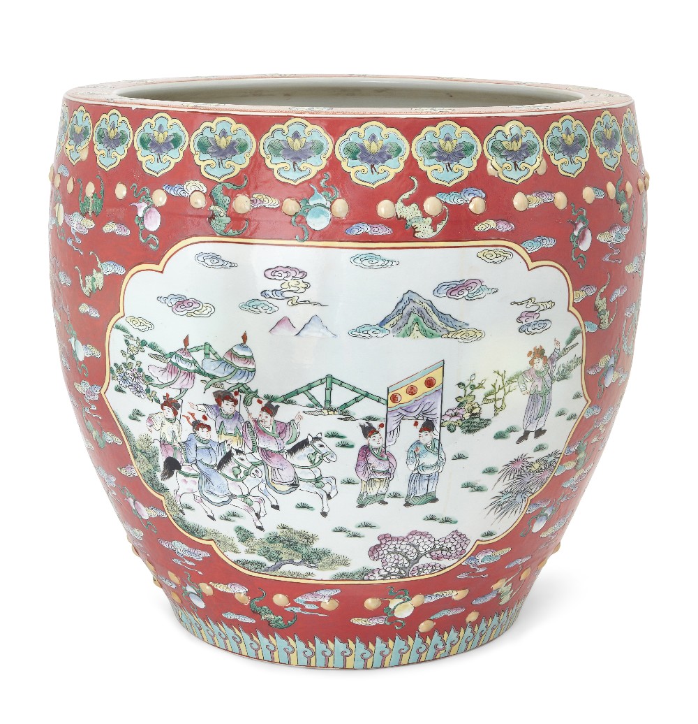 A large Chinese famille rose fish bowl, early 20th century, enamelled with panels depicting 'bai ren