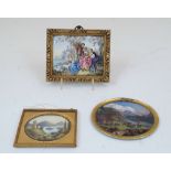 A Swiss enamel plaque, 19th century, depicting a church by a lake, mountains beyond, in an