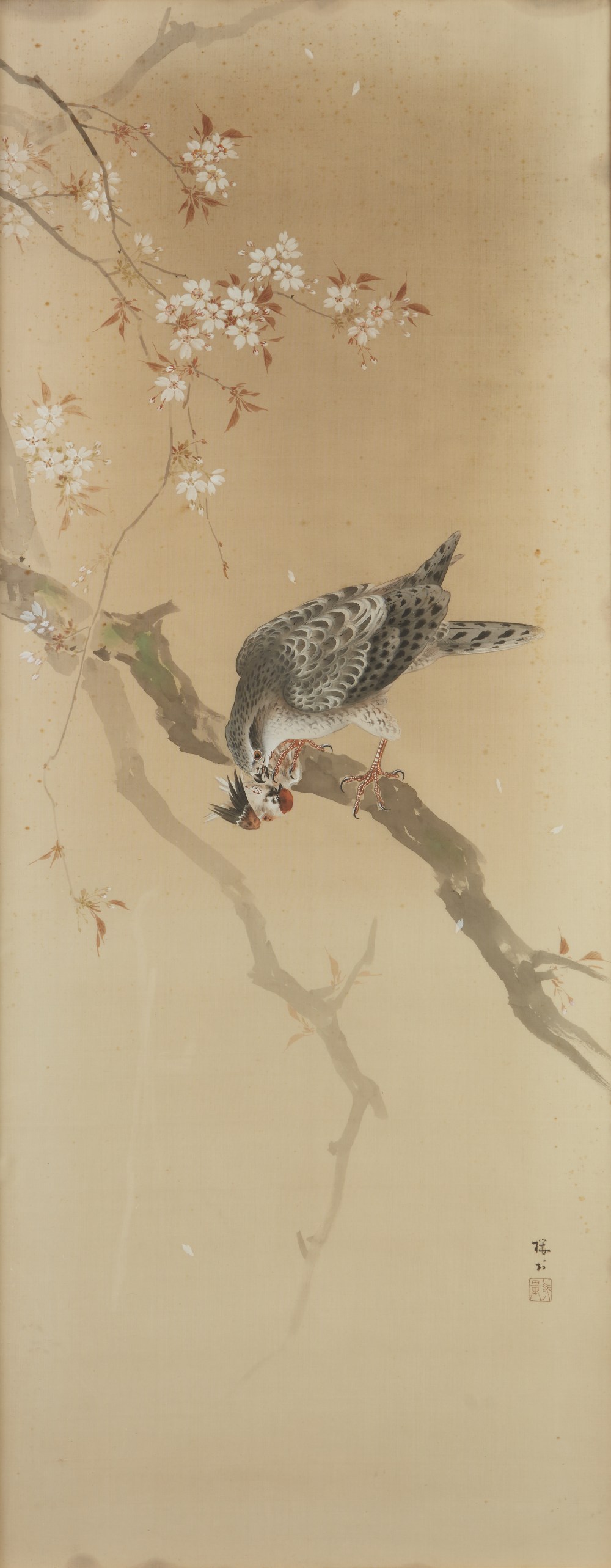 Three Japanese silk pictures of birds, Meiji period, one depicting a copper pheasant in a snowy - Image 2 of 3