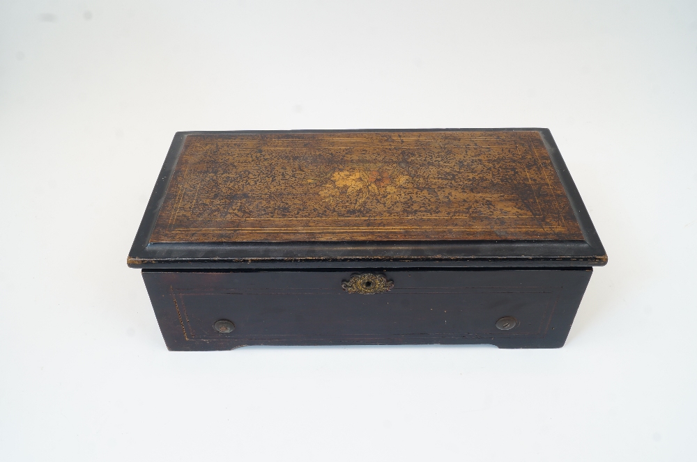 A French ebonised and marquetry cylinder music box, late 19th century, with stamp for Henri - Image 2 of 4