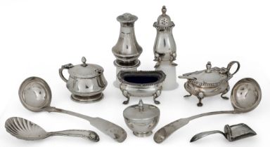 A group of silver cruets and spoons comprising: a pair of Scottish silver sauce ladles, Edinburgh,