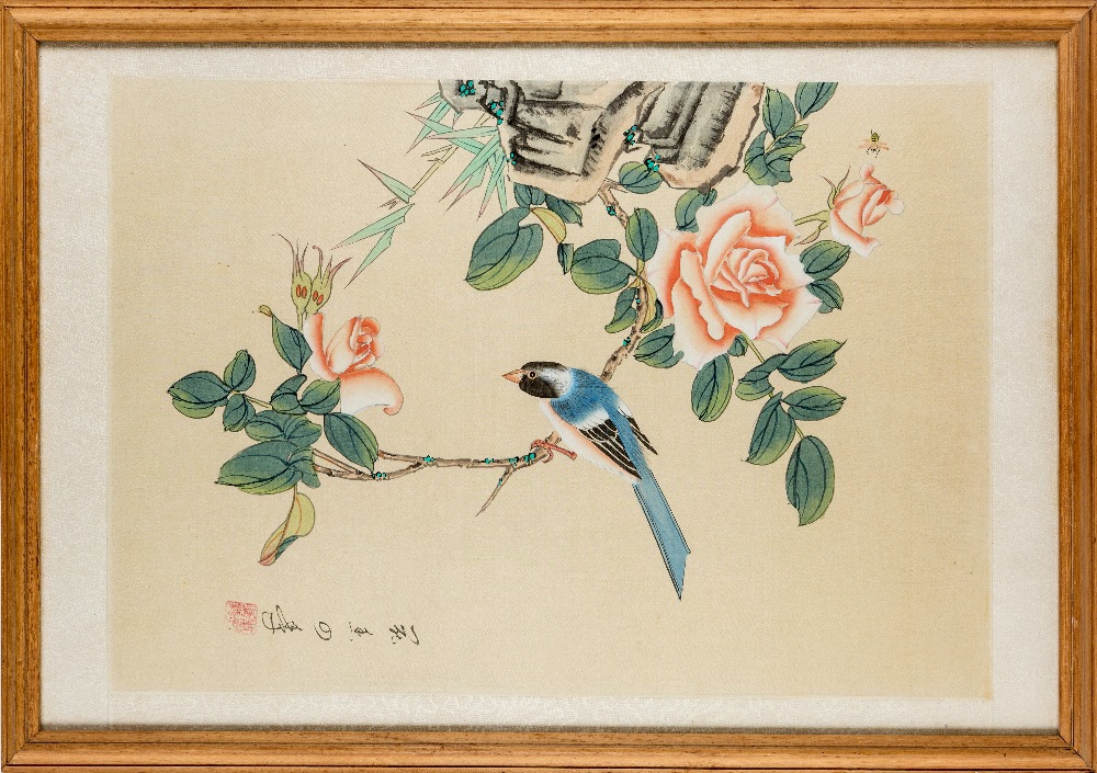 Two Japanese paintings, 20th century, comprising a fan leaf painted on silk with two blue birds - Image 3 of 3