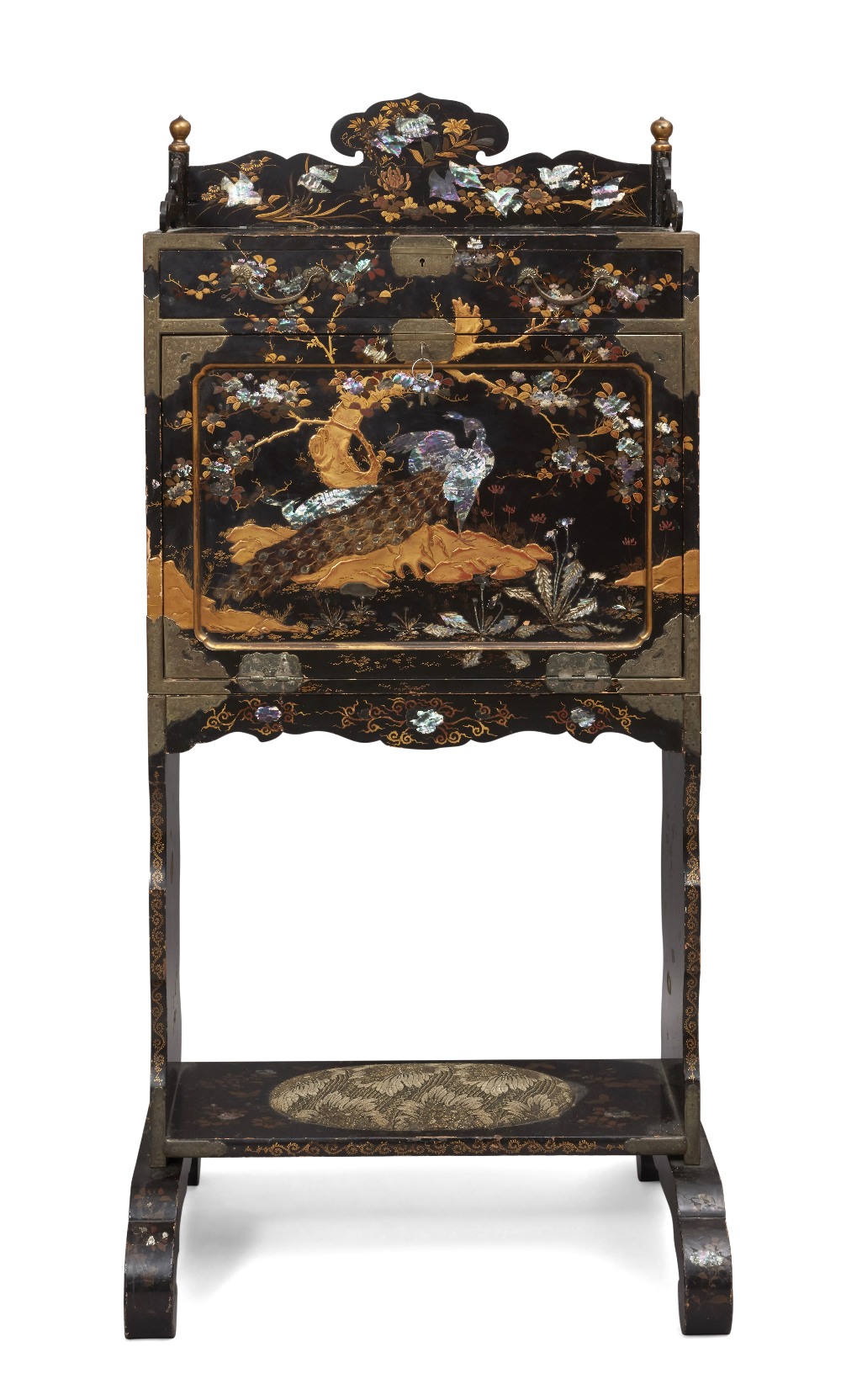 A Japanese lacquer bureau, Meiji period, the front panel lacquered and inlaid with mother of pearl