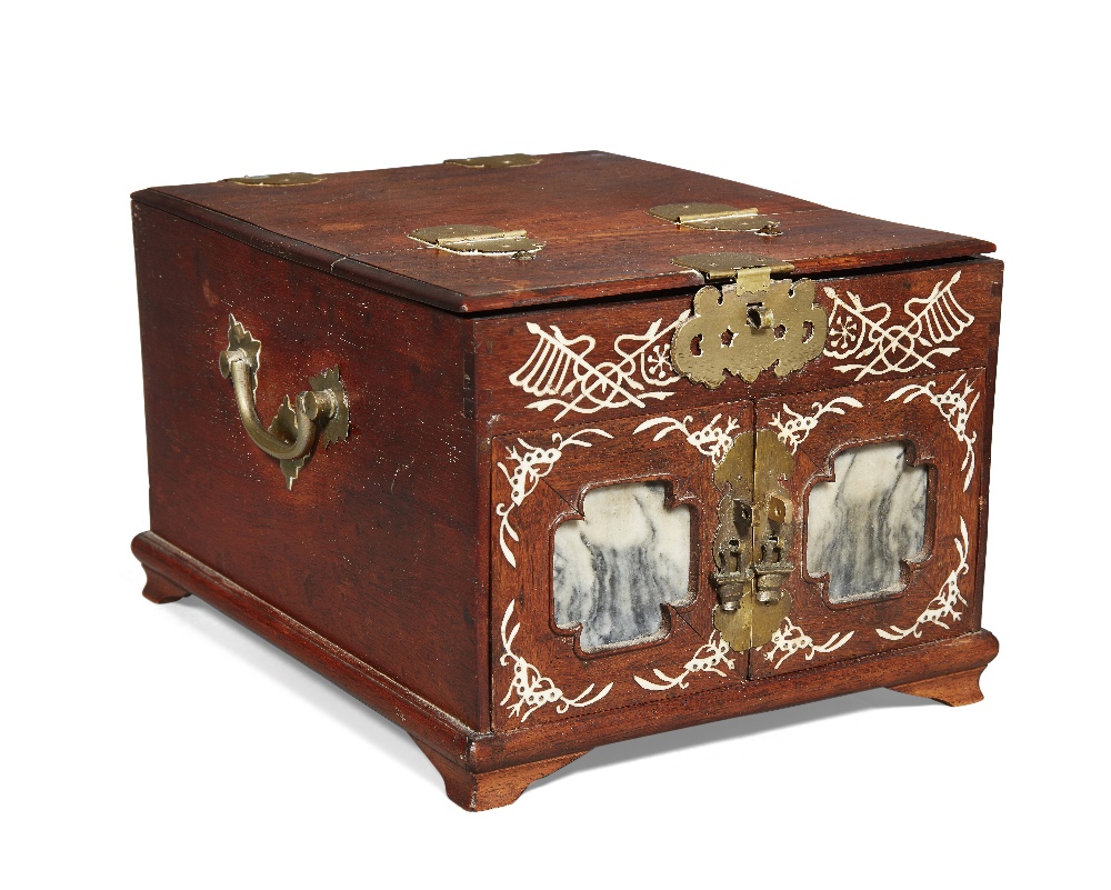 A Chinese huanghuali marble-inset travelling vanity box, early 20th century, with inlaid bone