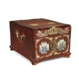 A Chinese huanghuali marble-inset travelling vanity box, early 20th century, with inlaid bone