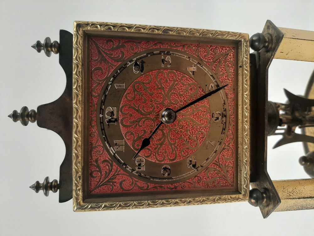 A brass anniversary clock, 20th century, with an adjustable four ball rotary pendulum, the square - Image 4 of 4