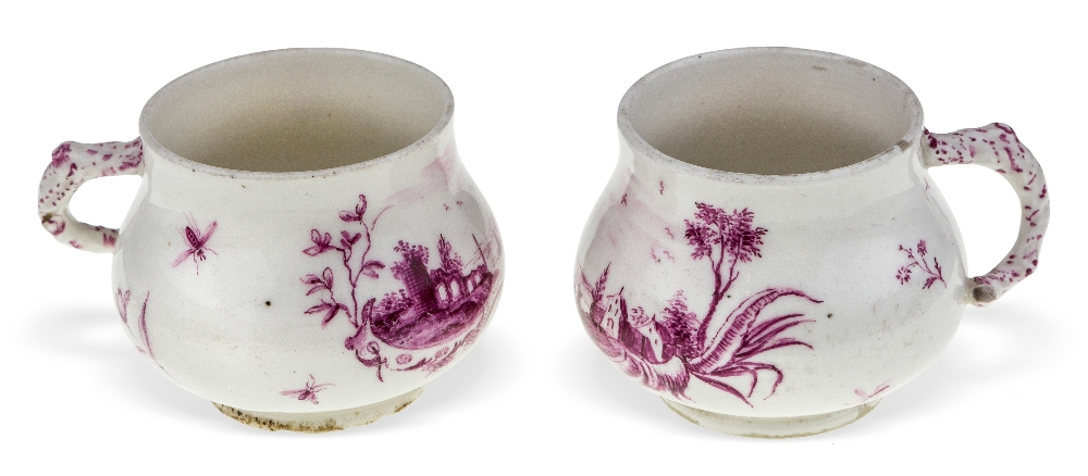 A pair of Hochst pot à jus or Creme Topfchen, c.1755, red wheel marks, painted in purpurmalerei with