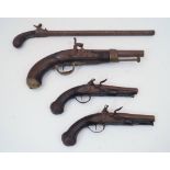 A pair of Continental flintlock pistols, late 18th century, with steel barrel, trigger and guard,
