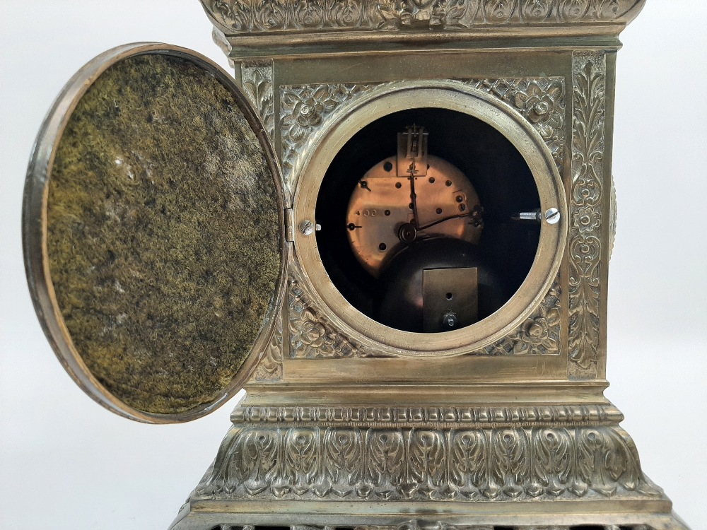 A French gilt-brass mantel clock, late 19th century, the architectural case surmounted with an eagle - Image 5 of 7