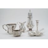 A group of silver, comprising: a sugar caster, Birmingham, 1960, Henry Clifford Davis, with flambeau
