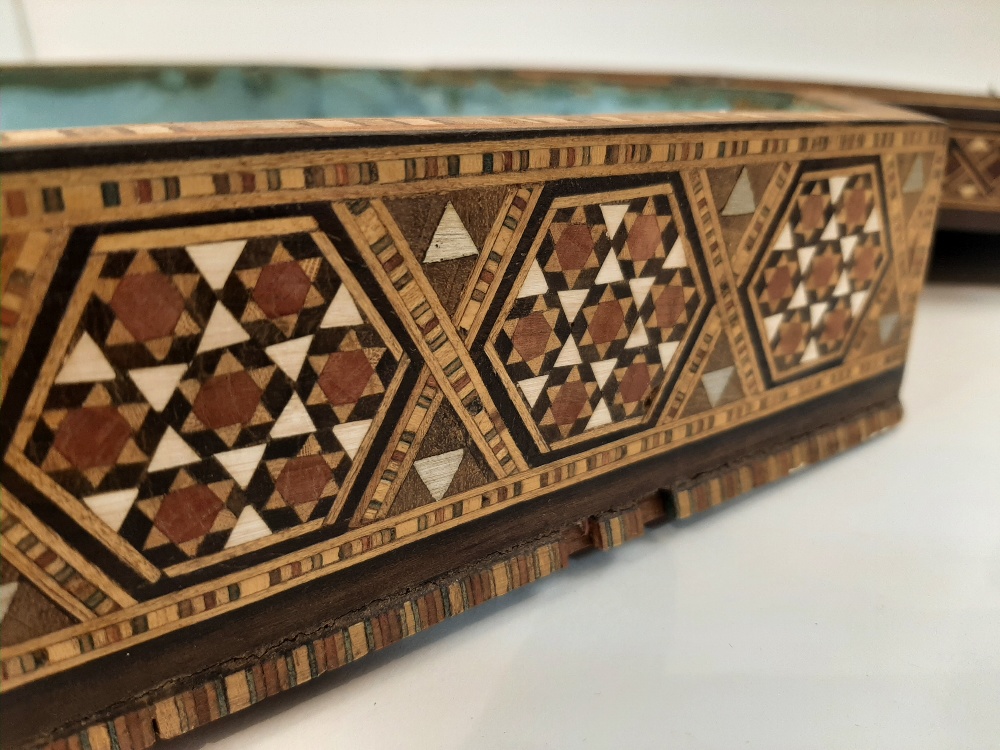 Four Middle Eastern parquetry boxes, first half 20th century, each intricately inlaid in wood, - Image 3 of 14