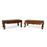 Two Chinese rosewood low tables, kang zhuo, 19th century, one carved with scroll frieze, 30cm x 41cm