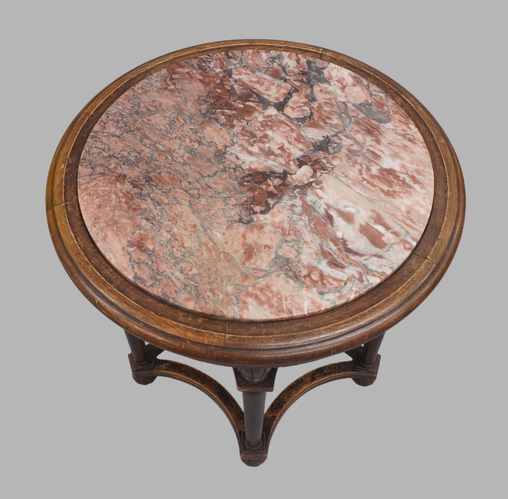 A French oak centre table with marble top, late 19th century, raised on five reeded baluster and - Image 2 of 2