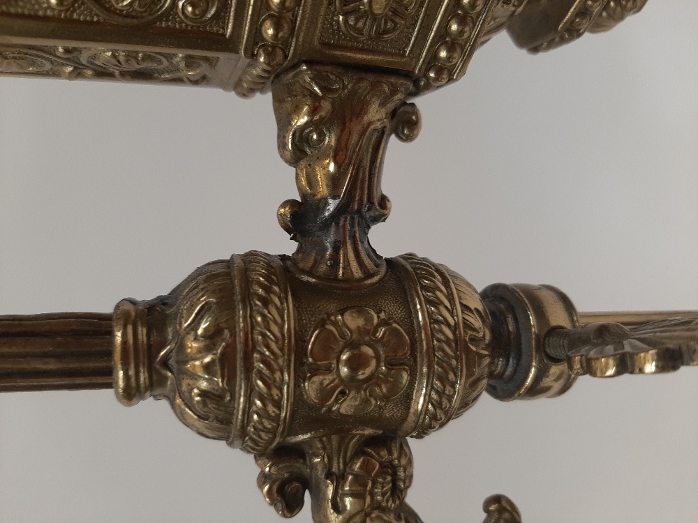 A pair of French Gothic style Colza brass oil lamps, mid 19th century, with Parker & Phillips type - Image 3 of 4