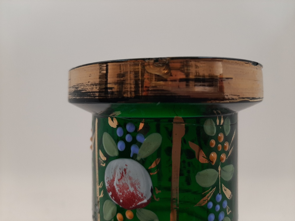 A Bohemian green glass bottle vase, 19th century, the thickly blown rim with gilt highlights, the - Image 2 of 5