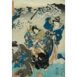 After Utagawa Kunisada I, Japanese, 1786-1864, Fighting, 20th century woodblock print, ink and