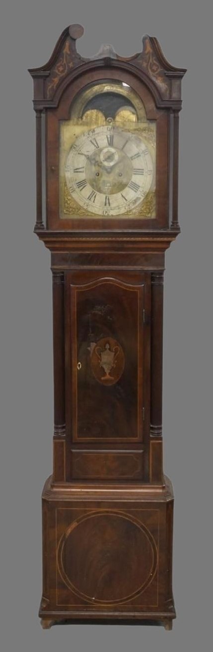 A George III inlaid mahogany longcase clock, with broken swan neck pediment with floral marquetry