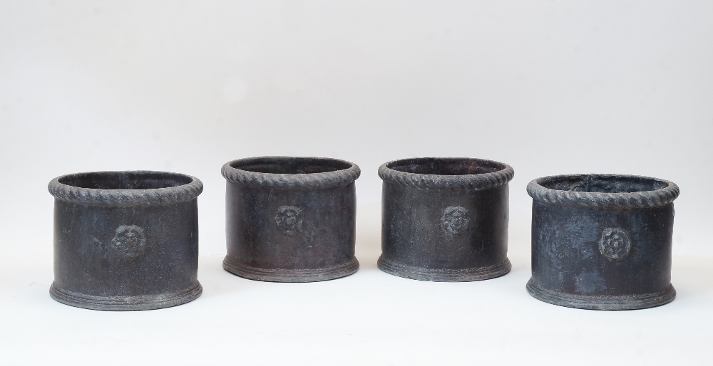 A set of four lead planters, early 20th century, each with rosette detail to the body and piecrust