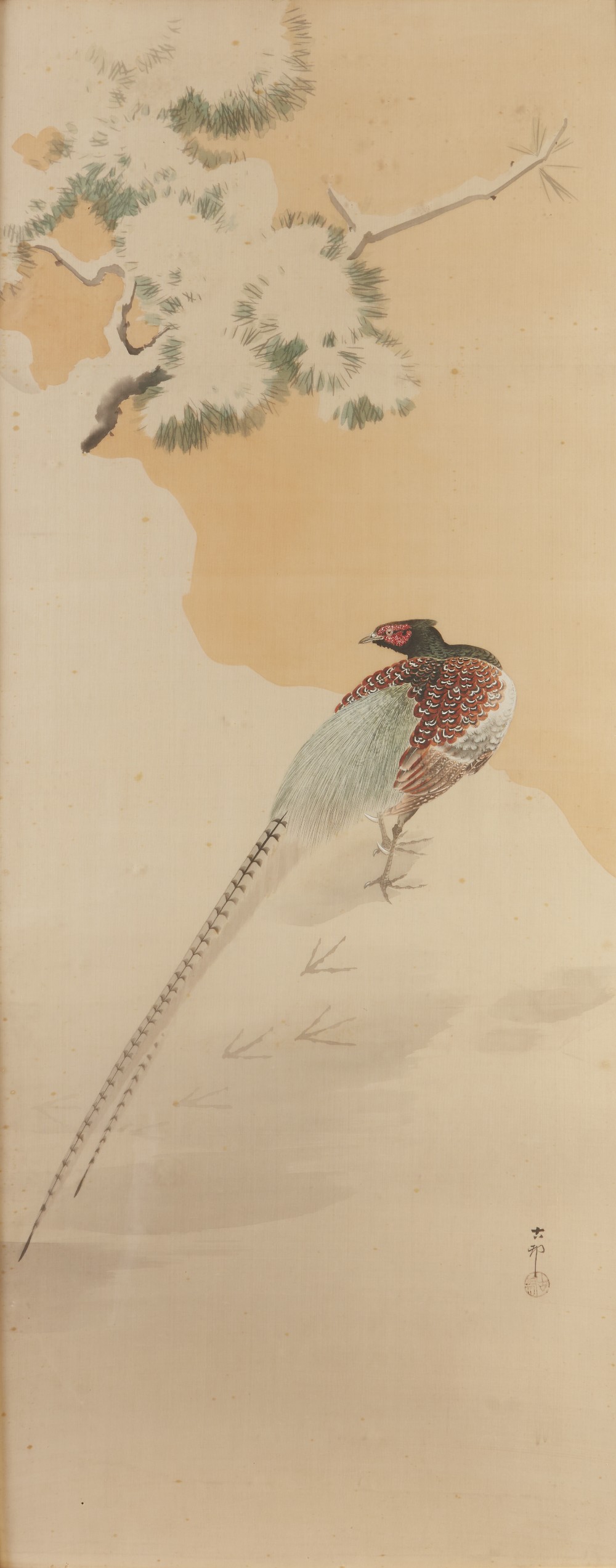 Three Japanese silk pictures of birds, Meiji period, one depicting a copper pheasant in a snowy