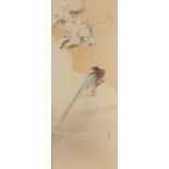 Three Japanese silk pictures of birds, Meiji period, one depicting a copper pheasant in a snowy
