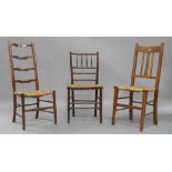 Manner of William Morris, a 'Sussex' type stained wood chair with rush seat, together with two