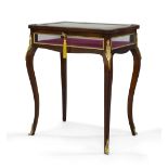 A French rosewood bijouterie table, early 20th century, gilt metal mounted, the hinged top with