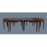 A George III and later mahogany D-end dining table, raised on tapered legs and spade feet, 74cm