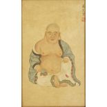 19th century Japanese School, ink and colour on silk, study of Hotei seated, 52x32cm, mounted in