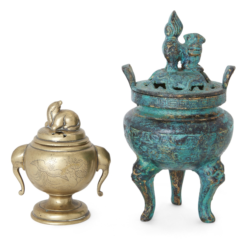 A Japanese bronze censer, Meiji period, the cover with recumbent lion finial, the body decorated