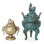 A Japanese bronze censer, Meiji period, the cover with recumbent lion finial, the body decorated