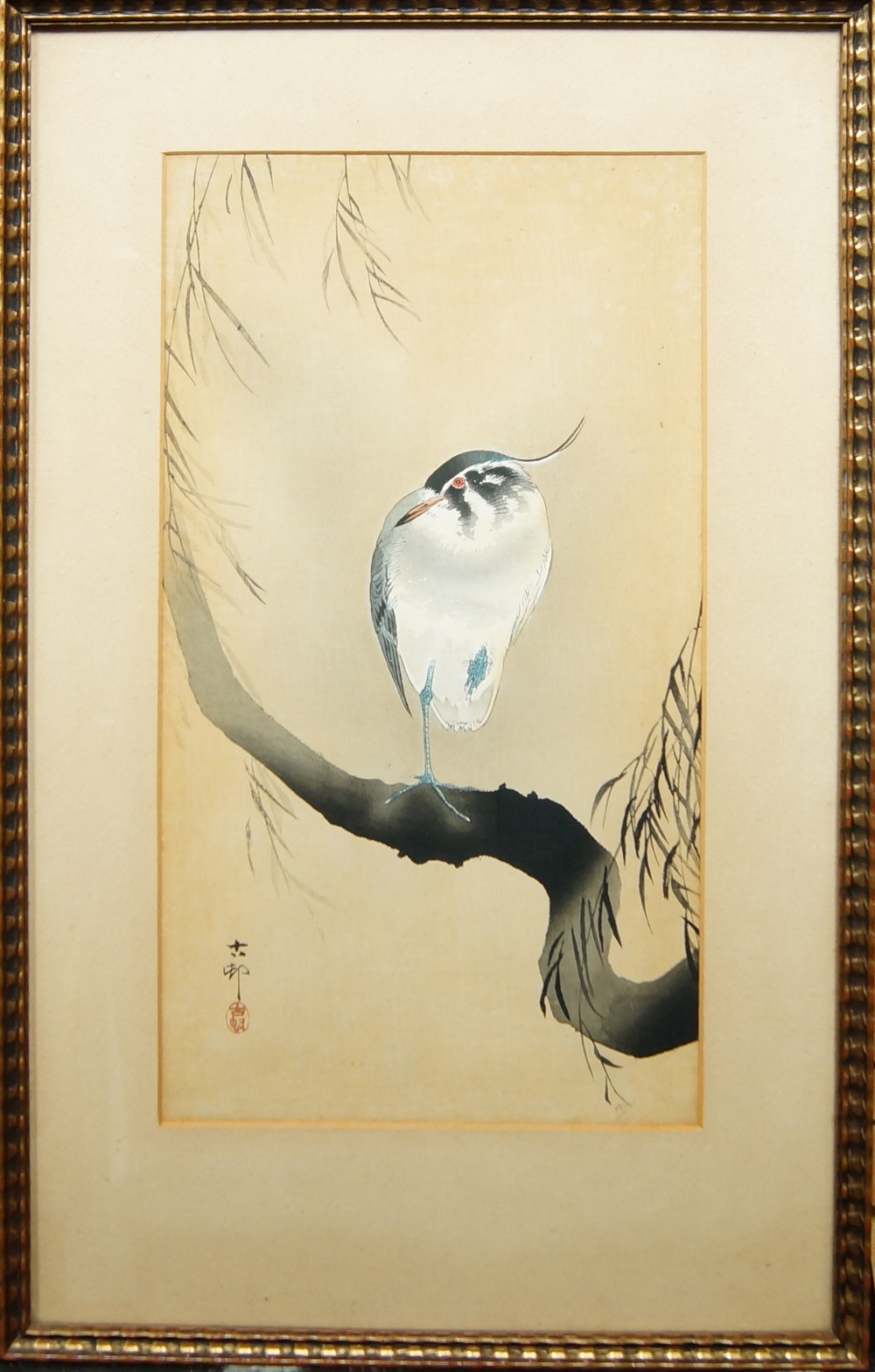 A Japanese watercolour painting of a stork, 20th century, depicted perching on a tree branch with - Image 2 of 2