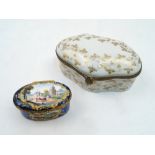 A French gilt-brass mounted enamel patch box, 19th century, of oval form, decorated with vignettes