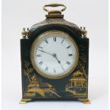 A French green lacquered timepiece, late 20th century, with chinoiserie decoration of pagodas by a