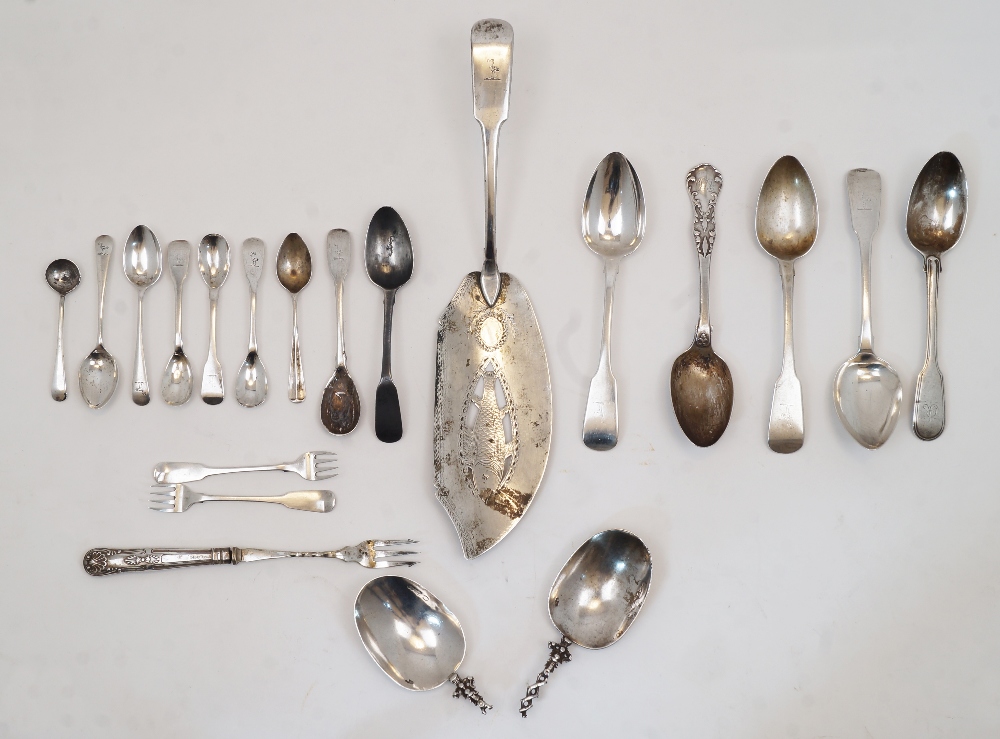 A group of silver, to include: three Irish silver fiddle pattern spoons and two condiment spoons,