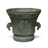 A large Italian bronze bell-shaped mortar, dated 1852, inscribed SPEZIERIA DROGHERIA and MDCCCLII,