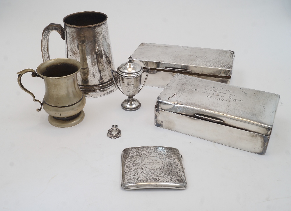A small group of silver comprising: a cigarette box, of oblong form with hinged lid enclosing wood - Image 6 of 6