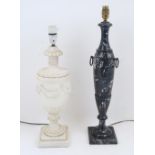 A marble urn shaped lamp base, 19th century, with reeded neck and rope twist to the shoulder, the