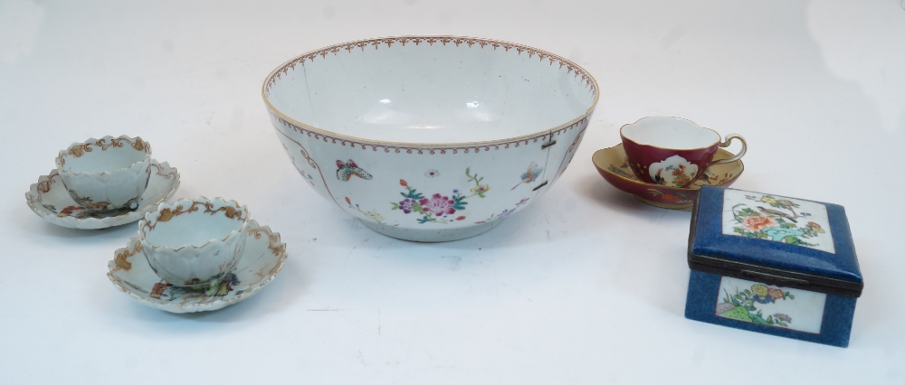 Two Chinese cups and saucers, late 19th century, modelled as flowers, decorated with figures and
