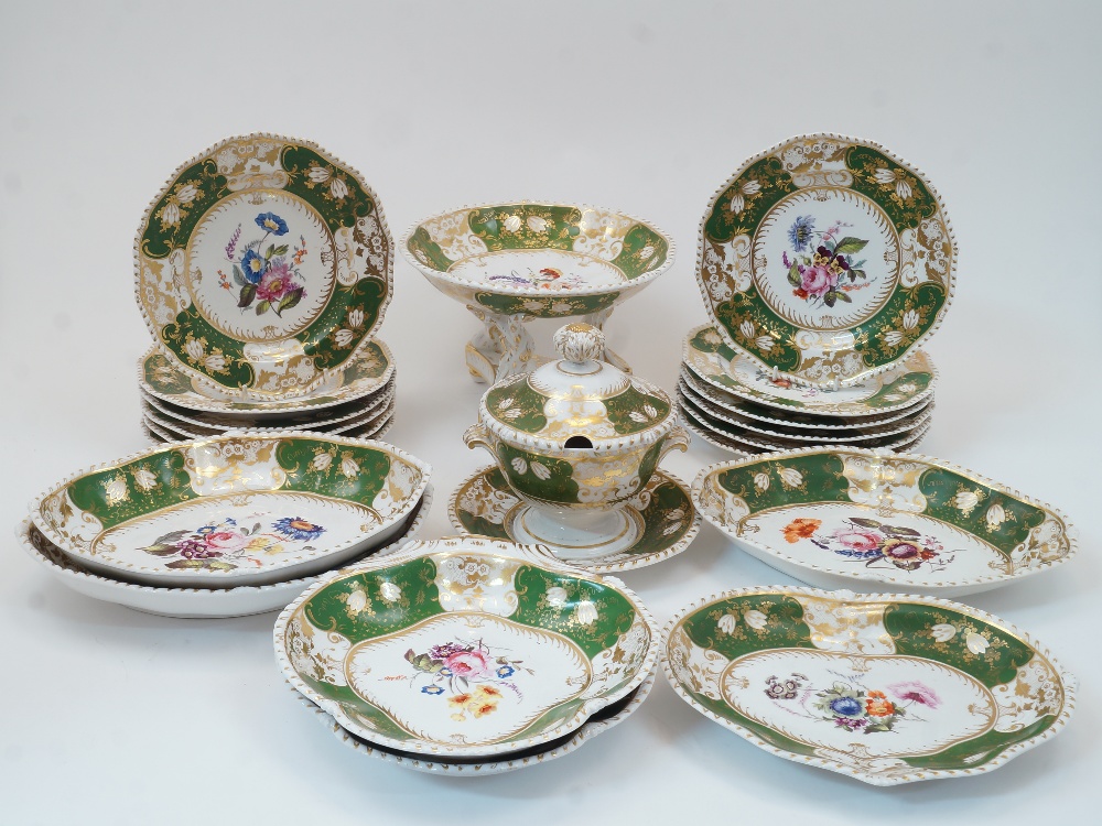 A Bloor Derby porcelain part dessert service, c.1820-40, red printed circle and crown marks, painted