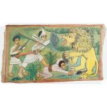 An Ethiopian painting on canvas, early to mid 20th century, depicting a lion hunted by three men
