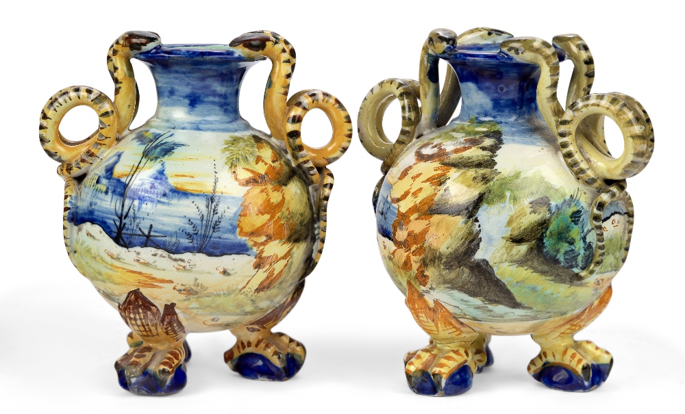 Two Florence maiolica small two-handled vases, late 19th century, manganese cockerel marks for the